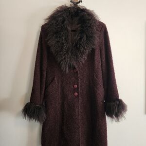 Women's Burgundy Faux-Fur Trim Coat